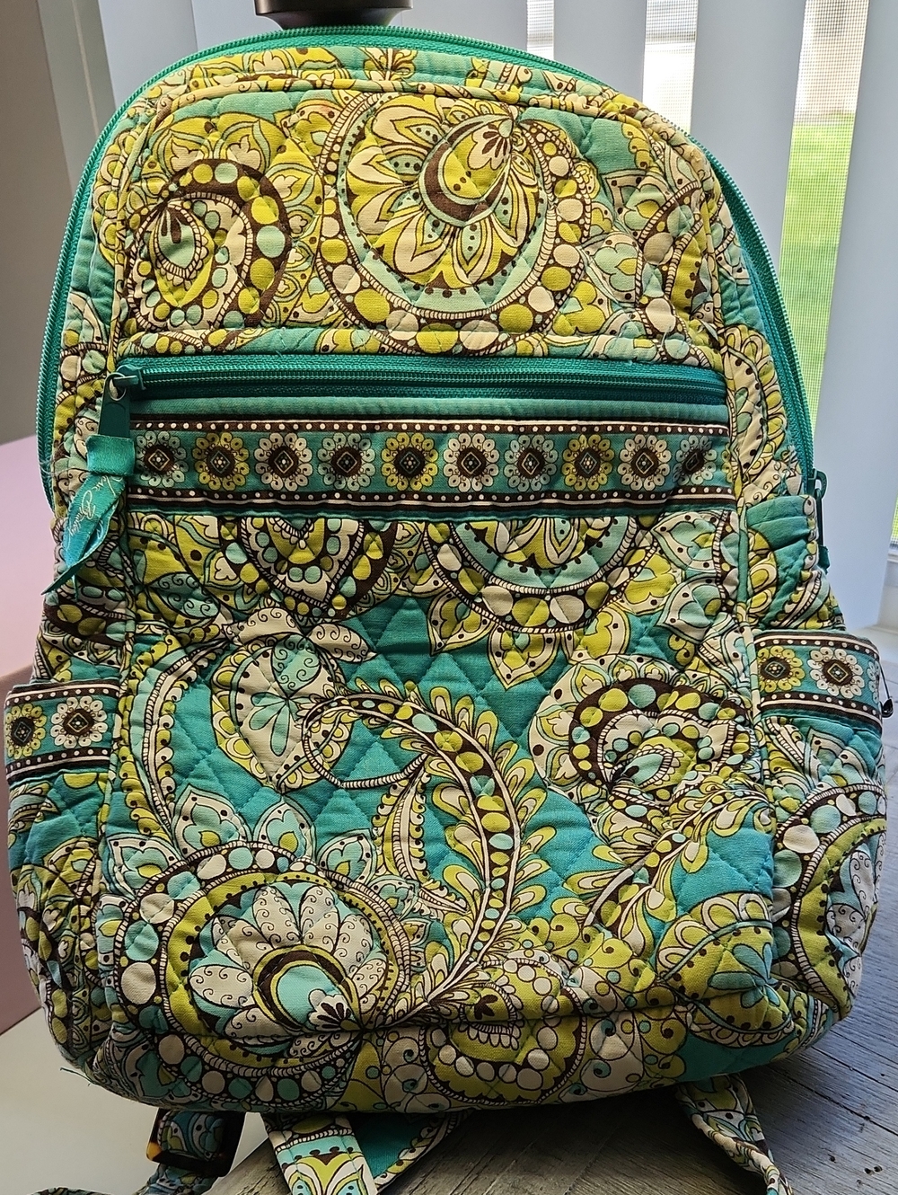 Vera Bradley Retired Turquoise and Yellow Peacock Quilted Cotton Backpack